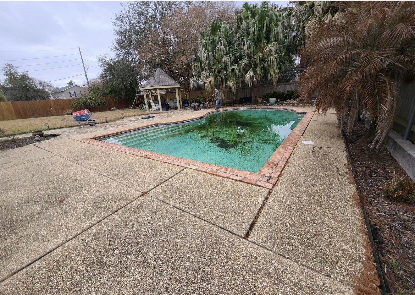Before: green pool with brick coping and a cracked exposed-aggregate concrete deck, with a gazebo and palms behind it