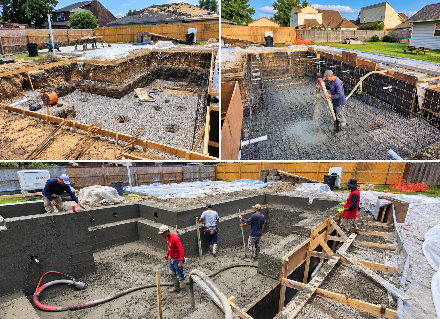 Gunite pool construction: the dig with steel and gravel, gunite being sprayed, and the crew shaping the finished concrete shell