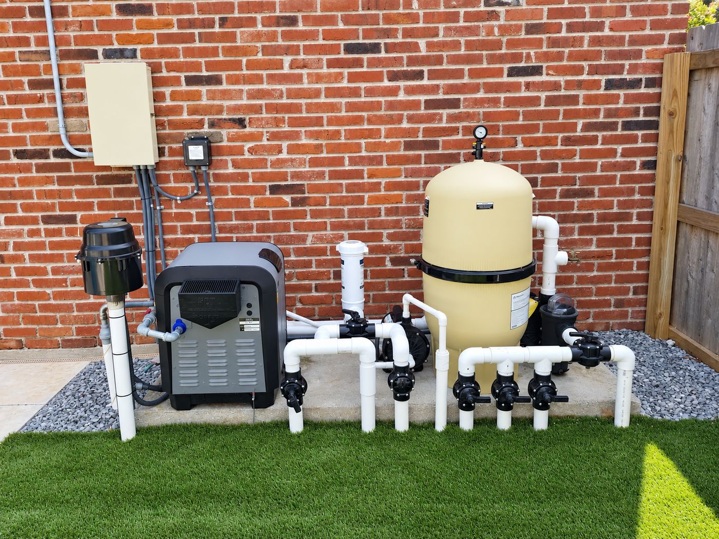 Pool equipment pad with heater, filter, pump, valves, and control box