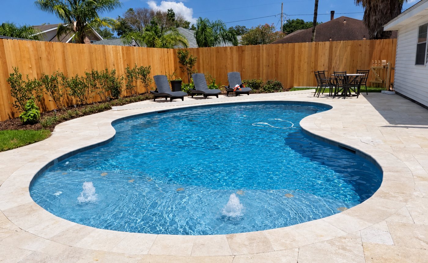 Freeform pool with two bubblers in the shallow end and a light travertine deck and coping, with loungers along a new wood fence