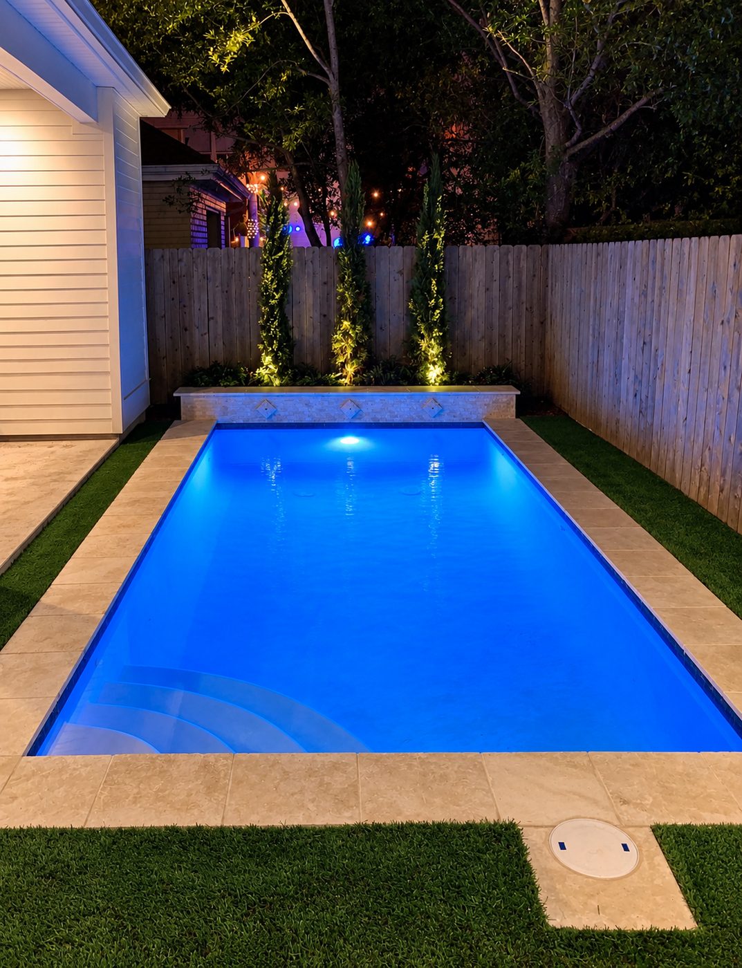 Rectangular pool lit blue at night in a narrow backyard, with a stacked-stone water-feature wall, lit cypress trees, travertine coping, and turf