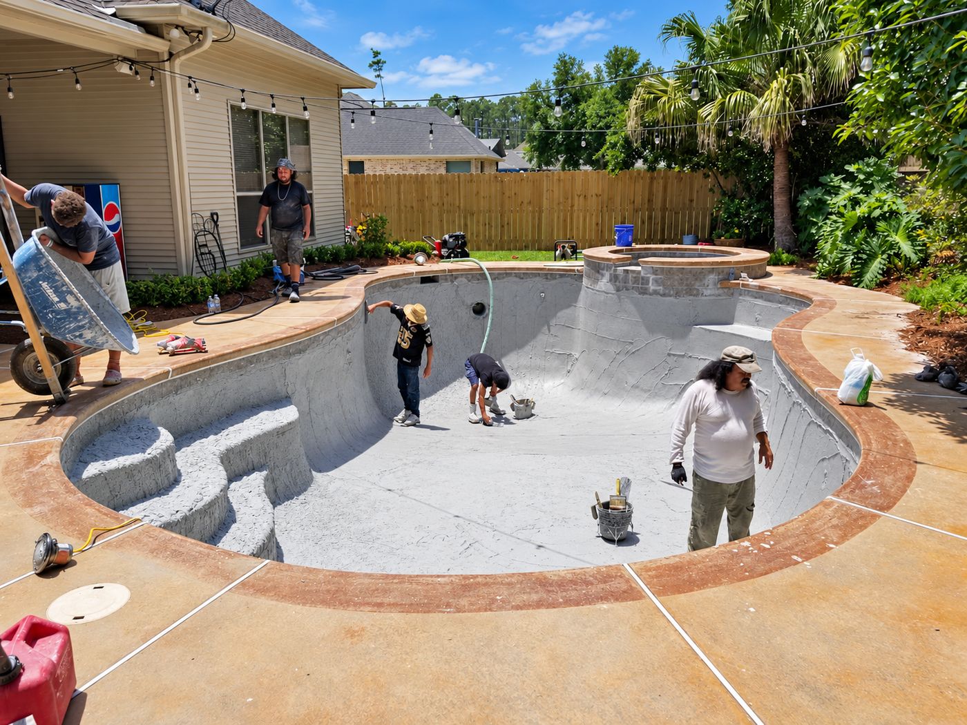 Crew working inside a drained gunite pool shell during a renovation