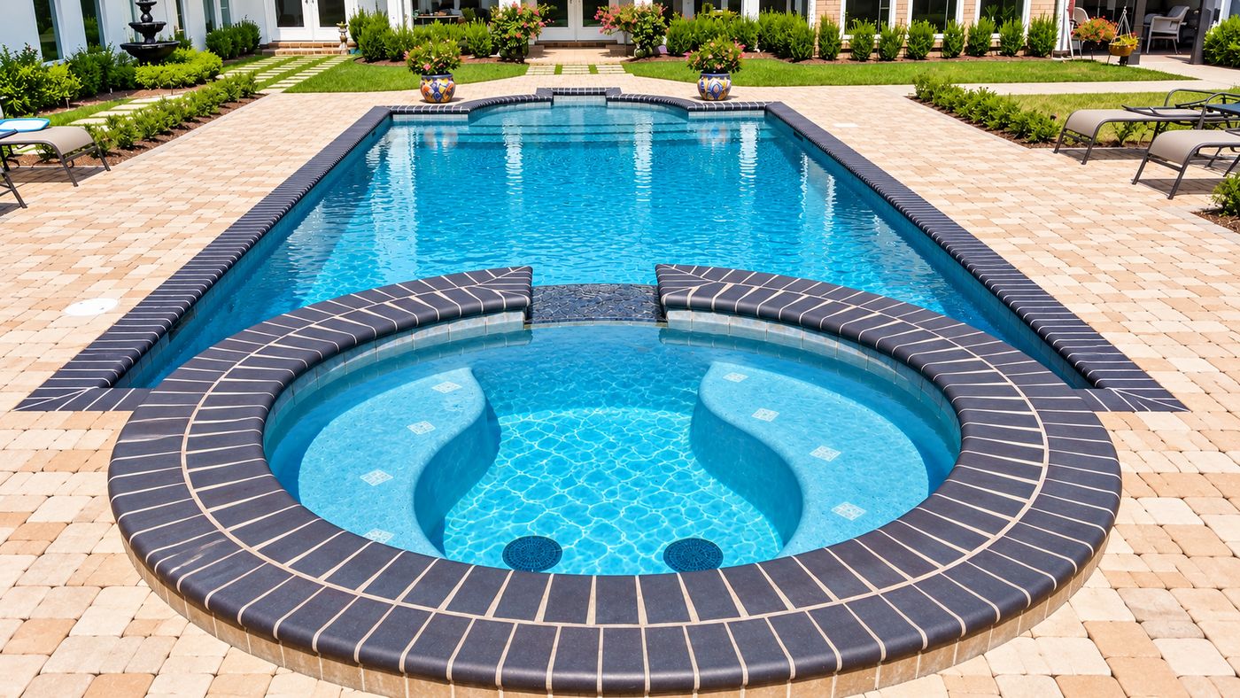 Pool with round raised spa and paver deck