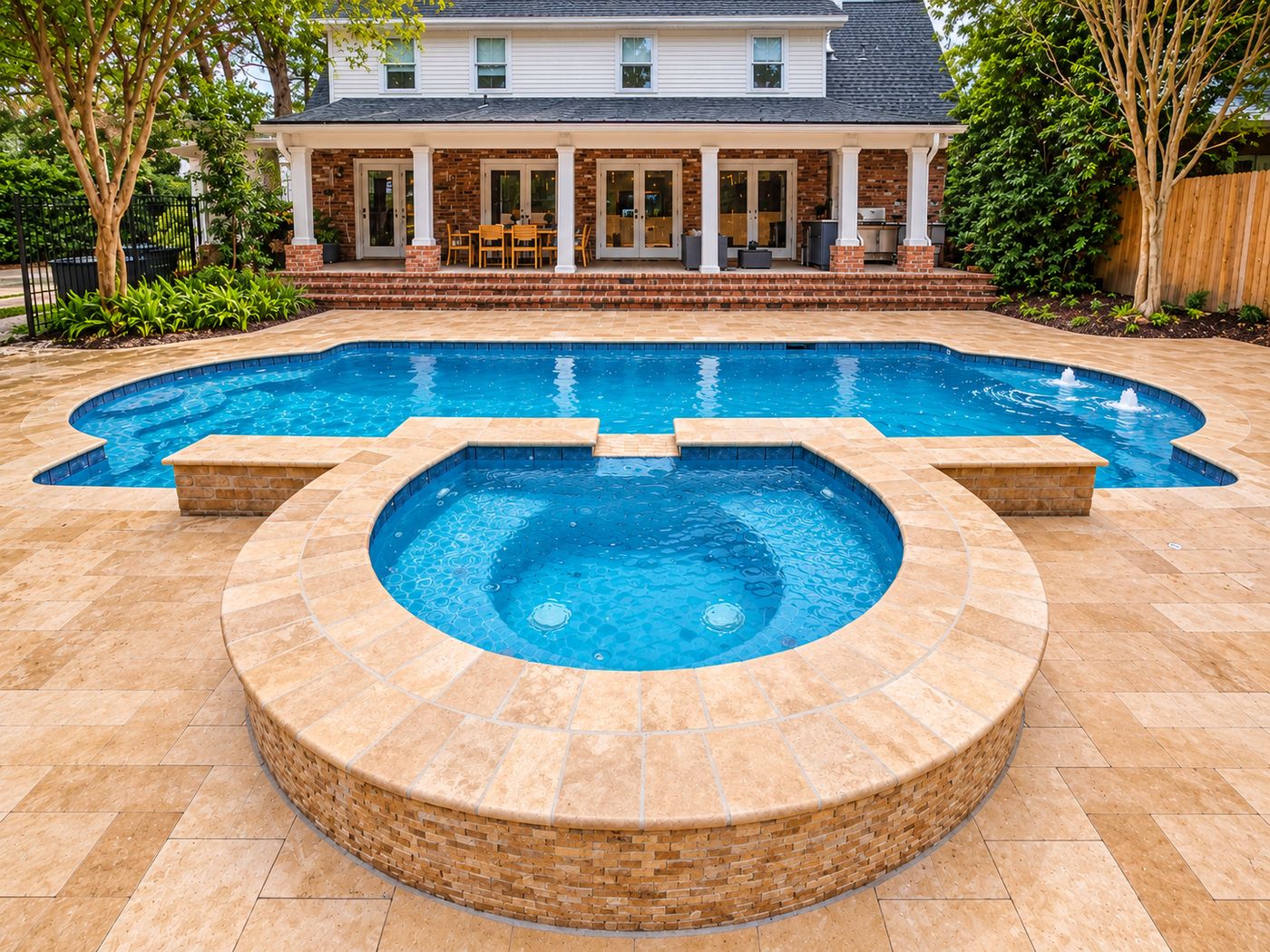 Raised round spa spilling into a gunite pool, with a travertine deck