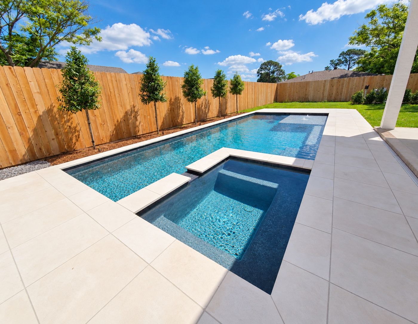 Rectangular pool with a square spa and light stone deck