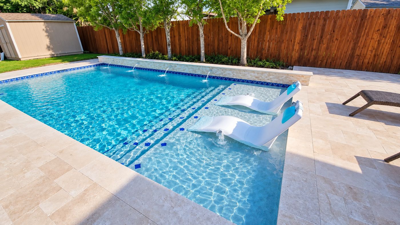Pool with a sun shelf, in-pool loungers, and water features